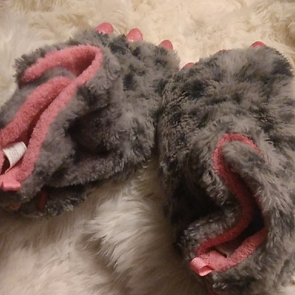 Gray and Pink Furry Kids Mittens